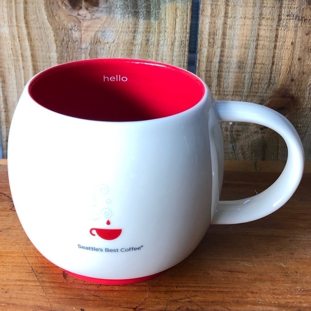 Seattle’s Best 2011 Rounded Ceramic White & Red “Hello” Collectors Coffee Mug